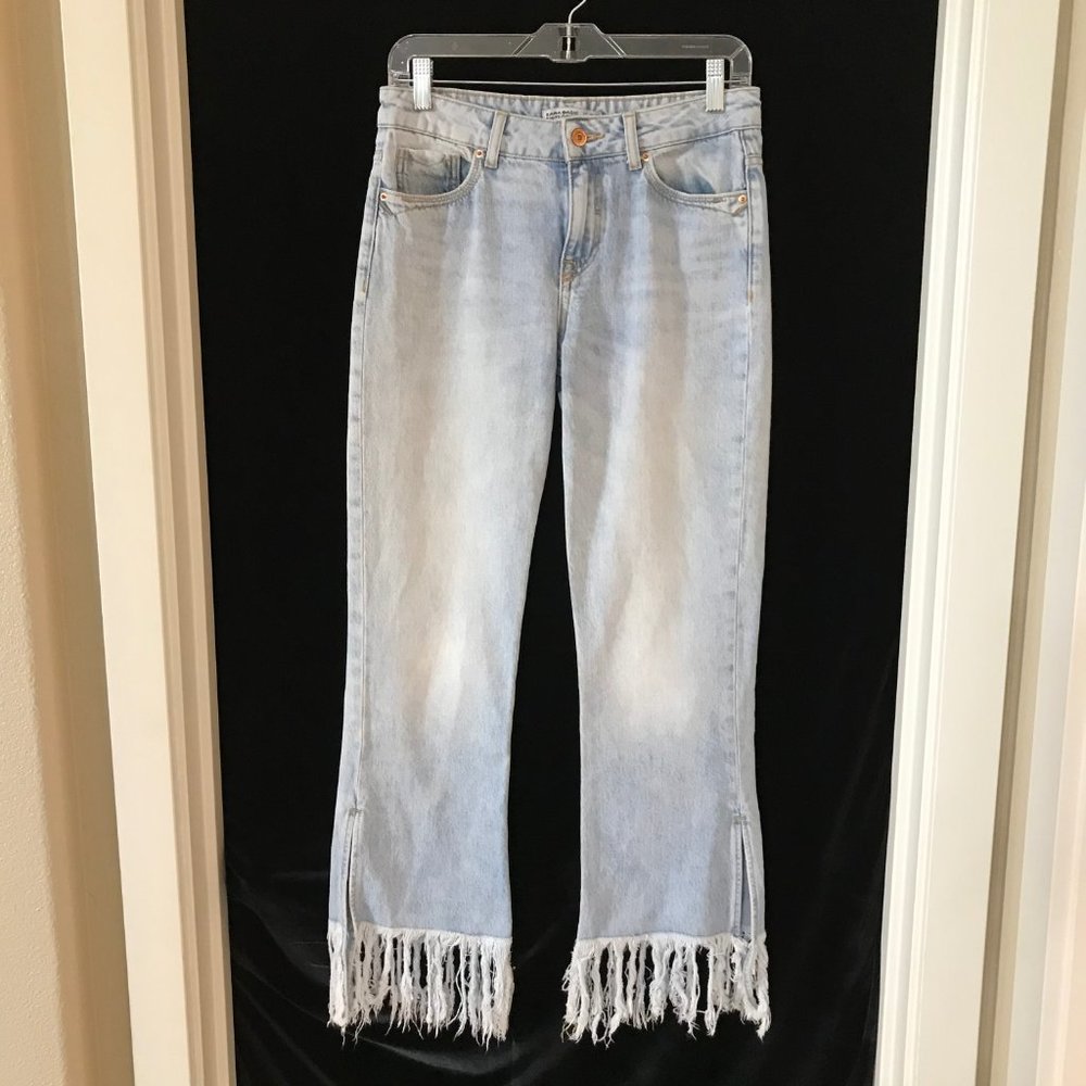 Zara Fringe Hem Jeans Light Wash Crop High Rise 4 - Picture 2 of 6